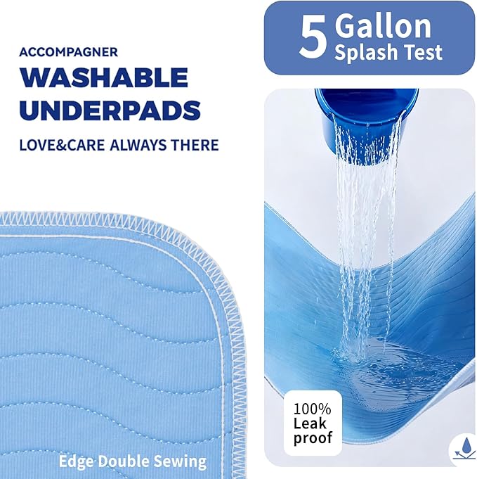 Accompagner Waterproof Reusable for Adults and Pets Washable Pee Pads for Dogs Changing Pad Large Dog Bed Size Adults Incontinence Bed Pads - Non-Slip Leak-Proof (Blue, 6Pack-24" x24")