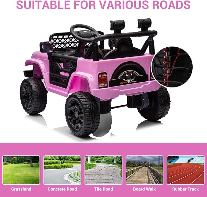 12V Ride On Car for Kids Electric Vehicle Toddlers Battery Powered Truck Car Toy with Remote Control, 4-Wheel Suspension, Battery Display, LED Lights, Music, for Boys Girls, Pink