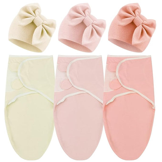 DRESHOW BQUBO 3 Pack Baby Swaddle Sleep Sacks Baby Swaddling Blanket Wrap Newborn Swaddle Sack with Big Bow Hat for Boys Girls 6-12 Lbs Newborns & 0-3 Months Girls Boys