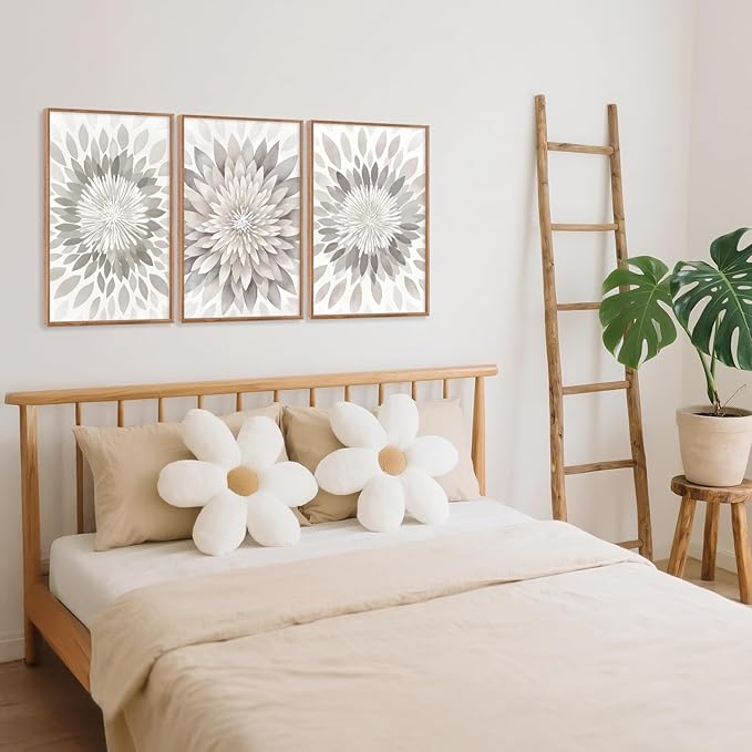 CHDITB Modern Floral Burst Framed Canvas Wall Art Set, Nature Flower Petal Wall Decor, Neutral Beige And Gray Botanical Painting, Contemporary Art Prints For Living Room Bedroom Office-16 x24 x3