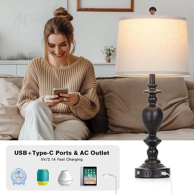 luxeflow 28" Tall Farmhouse Bedside Lamp Set of 2,Black Vintage Bedside Lamps with USB C+A Ports & AC Outlet,3-Way Dimmable Touch Lamp for Night Stands Living Room Bedroom,Black-2