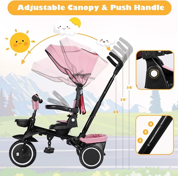 Folding Kids Tricycle, 8 in 1 Baby Trike W/Removable & Adjustable Canopy, Parent Handle, 5-Piont Safety Harness, Toddler Bike Stroller for Kids 1-6 Years, EVA Wheels, Storage Basket, Pink