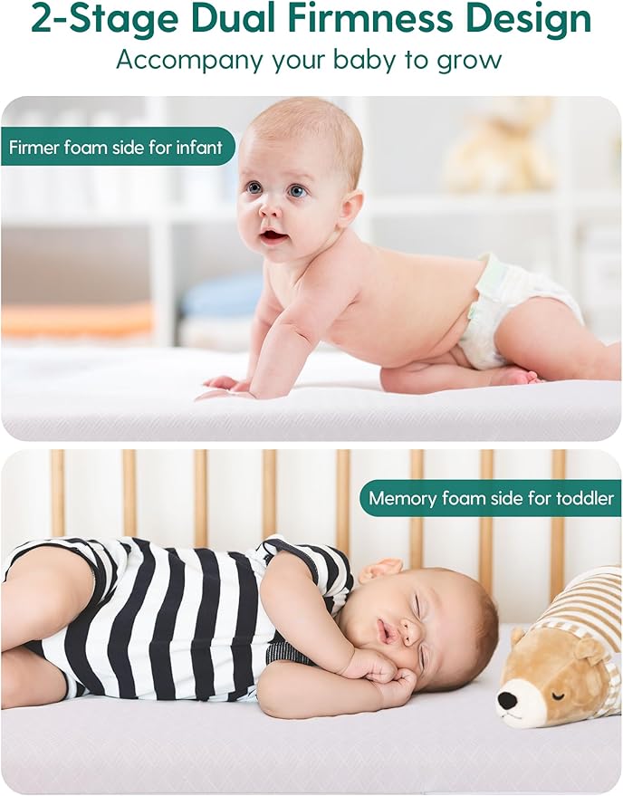 BABELIO Memory Foam Crib Mattress Dual-Sided Baby Toddler Mattress Standard Size, Removable Waterproof Cover, CertiPUR-US Certified, Grey