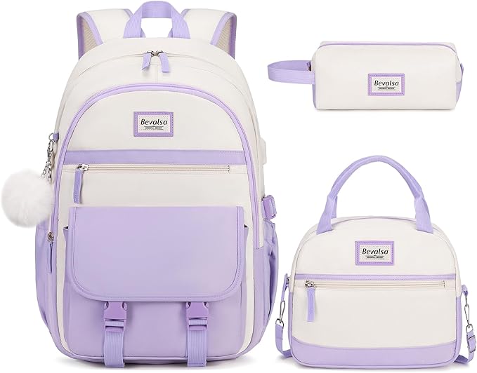 Bevalsa Backpack for Girls, School Backpacks for Girls, Kids Backpack with Lunch Box & Pencil Pouch for Teens Girl Kids Elementary Middle High School College Student Bookbag Daypack (Purple Beige)