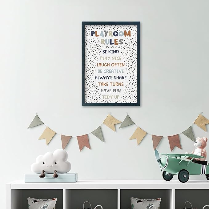 YWJKWLGS Playroom Rules Sign - Wood Framed Wall Art for Kids Room, Nursery, Toddler Bedroom or Playroom, 11x16 Inch Hanging Decor for Boys & Girls (Black)