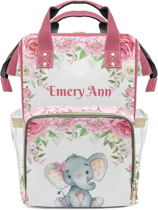 Personalized Pink Roses Baby Elephant Nursery Custom with Name Diaper Bag Backpack For Baby Boy Girl Dad Mom Unisex for Adult Daypack Holiday Gift