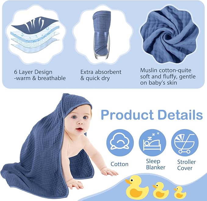 Peryiter 6 Pcs Muslin Hooded Baby Towels, 32x 32'' Cotton Newborn Bath Towel Muslin Infant Baby Blankets Absorbent Unisex Christmas Registry Gift Essentials for Girls Boys (Green Series)