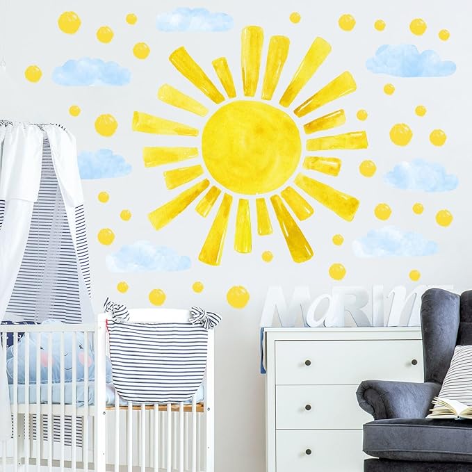 Eutecado Large Sun Wall Decals Cloud Polka Dots Wall Stickers for Girls Room, 12 Sheets Watercolor Sun Wall Decor Stickers Cute Cloud Wallpaper Delicate Decorations for Kids Room Bedroom