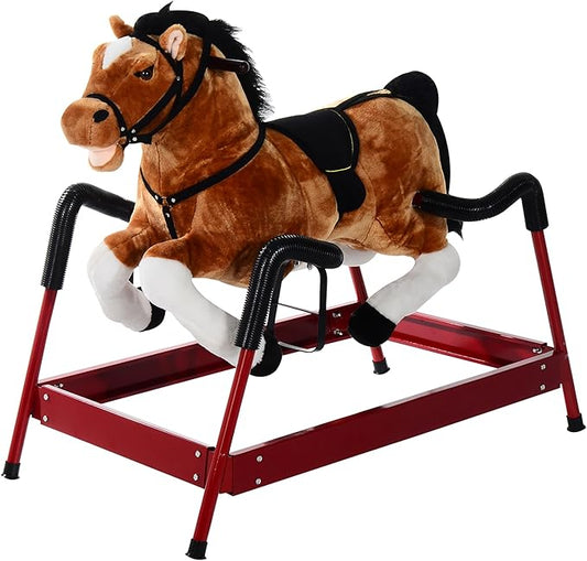 Qaba Durable Plush Toddlers Spring Rocking Horse, Bouncing Rocker Toy with Realistic Sounds