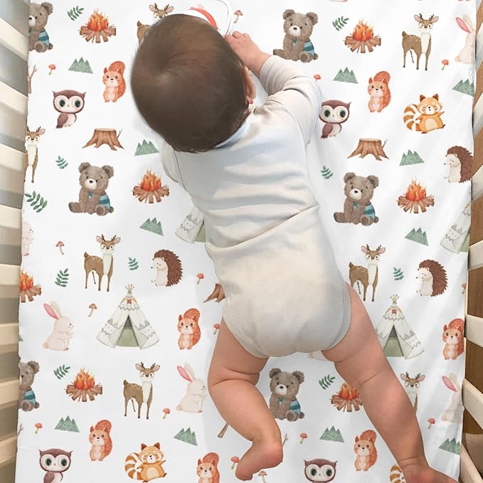 Camping Animals Baby Crib Sheets for Boy Girl 52x28In Bear Deer Raccoon Squirrel Bunny Hedgehog Owl Soft Snug Fitted Crib Mattress Cover Baby Sheet for Standard Crib & Toddler Mattress 2 Pack