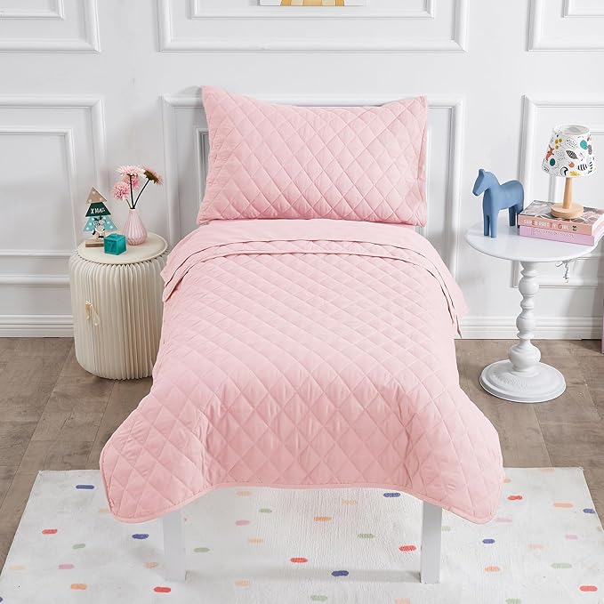 Wowelife Toddler Bedding Set, 4 Piece Toddler Bedding Soft and Breathable Crib Bedding Set, Includes Quilted Comforter, Flat Top Sheet, Fitted Sheet, Envelope Pillow Case for Boys and Girls, Pink