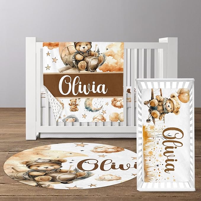 Custom Baby Crib Bedding Set, Personalized Name Balloon Bear Design Crib Set 3 Pcs, Soft Double Layer Blanket, Crib Sheet & Room Rug, Ideal Nursery Decor Gift for Baby Girls Boys