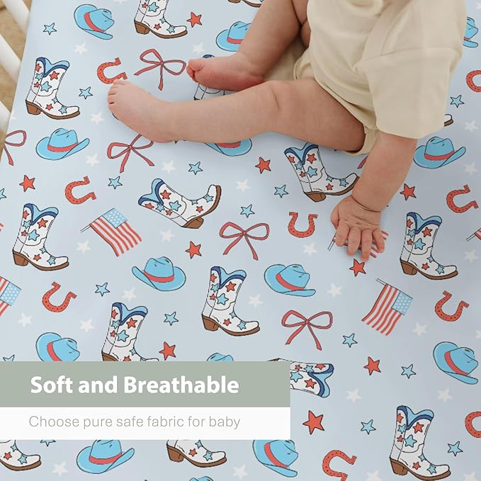 July 4th Western Cowboys Baby Crib Sheets for Boy 52"x28" Cowboy Boots Hat American Flag Stars Bows Soft Snug Fitted Crib Mattress Cover Patriotic Baby Sheet for Standard Crib & Toddler Bed Mattress