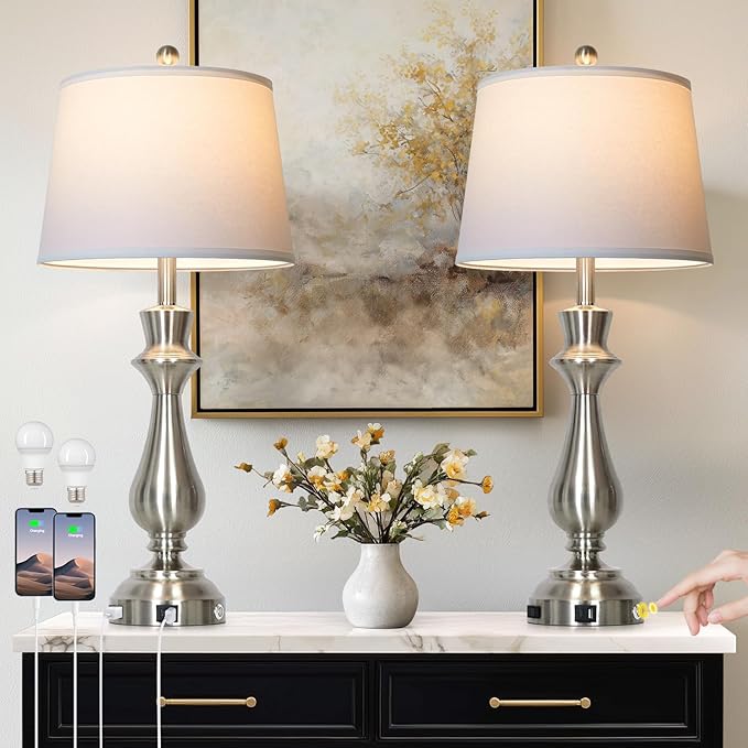luxeflow Modern Silver Table Lamps Set of 2 for Living Room,30" Tall Bedside Lamp with USB Charging Port,3-Way Dimmable Touch Nightstand Lamp for Bedroom Desk Side Table Office,Silver