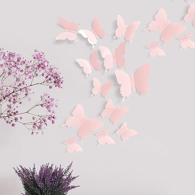 Cute Pink Butterfly Wall Decor 24 pcs, Girls Room Wall Decals, Danish Pastel Aesthetic Butterflies Stickers for Nursery Decorations, Baby Toddler Room Decor for Girls