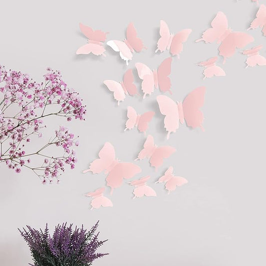 Cute Pink Butterfly Wall Decor 24 pcs, Girls Room Wall Decals, Danish Pastel Aesthetic Butterflies Stickers for Nursery Decorations, Baby Toddler Room Decor for Girls