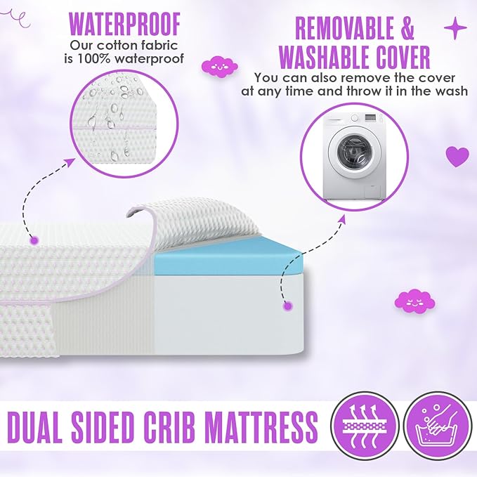 Sleepah 6” Crib & Toddler Bed Mattress Dual Sided Cooling Memory Foam – Waterproof Washable Breathable Soft Cotton Fabric – CertiPUR Firm Baby Mattresses - for Baby & Toddlers (Pink)