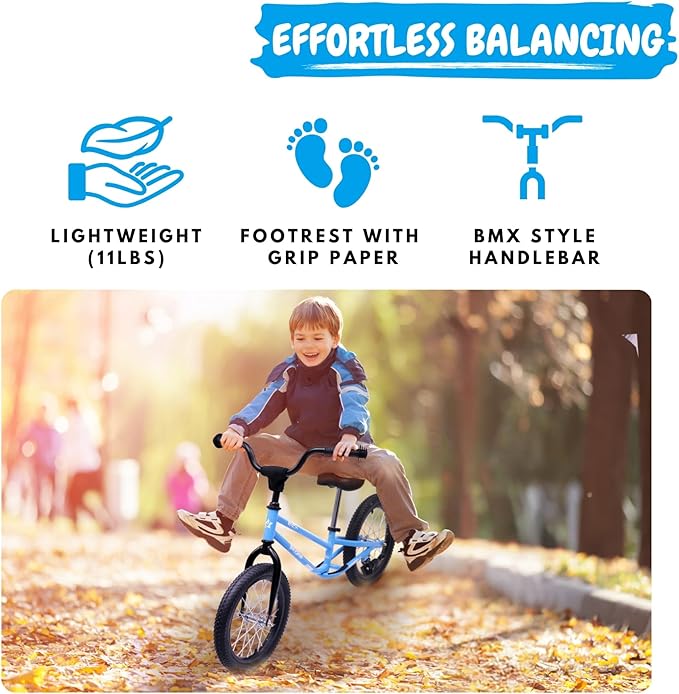 16 Inch Kids Balance Bike for 5-8 Year Old, BMX Bike with No Pedals, Air Rubber Tires, Footrests, Adjustable Height for Big Boys, Girls (White)