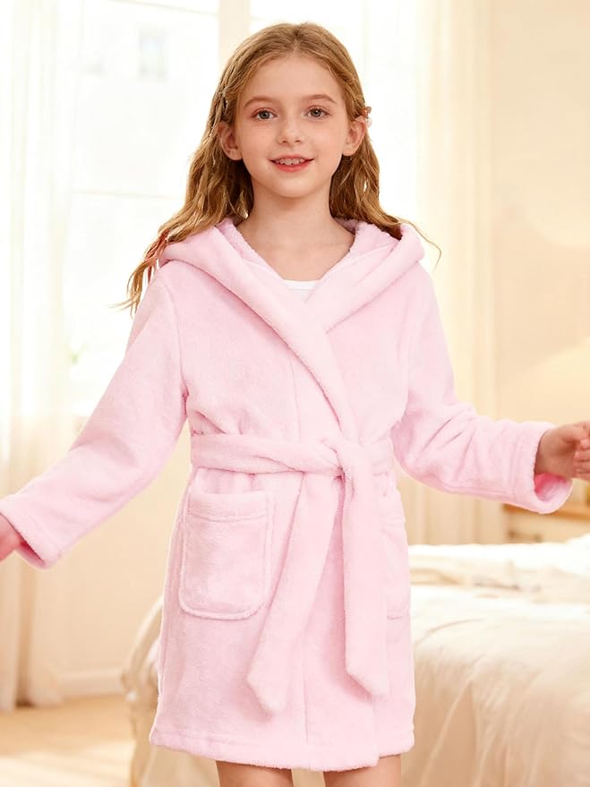 SANGTREE Boys Girls Robe Fleece Hooded Soft Toddler Bathrobe Cute Boys Bathrobe Fuzzy Plush Robes for Kids, 2-12 Years