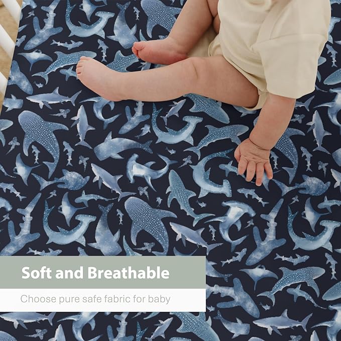 Blue Sharks Baby Crib Sheets for Boy Girl 52"x28" Sea Ocean Animal Soft Stretchy Fitted Crib Mattress Covers Nautical Shark Nursery Baby Sheet for Standard Crib and Toddler Bed Mattress