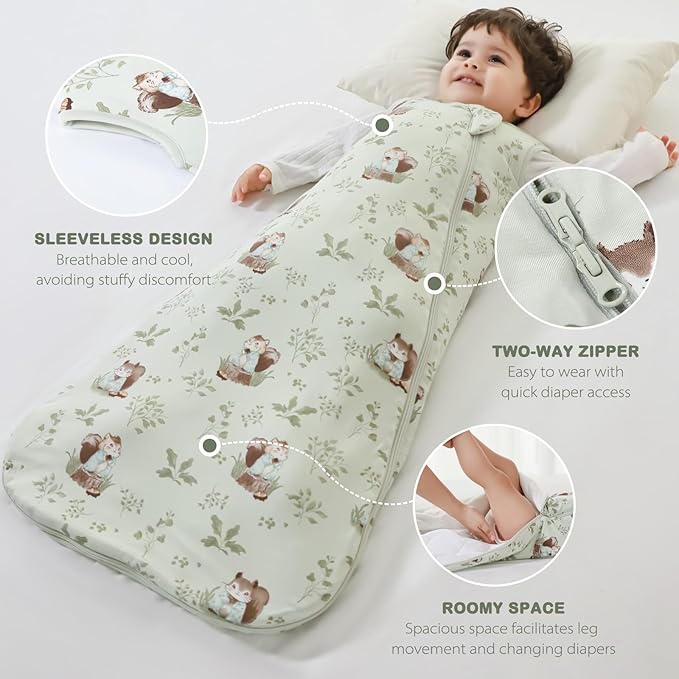 Mosebears Unisex Rayon Made from Bamboo Sleep Sack with 2-Way Zipper,2.5 Tog Baby Winter Sleep Sack(Green Animal,6-18 Months)