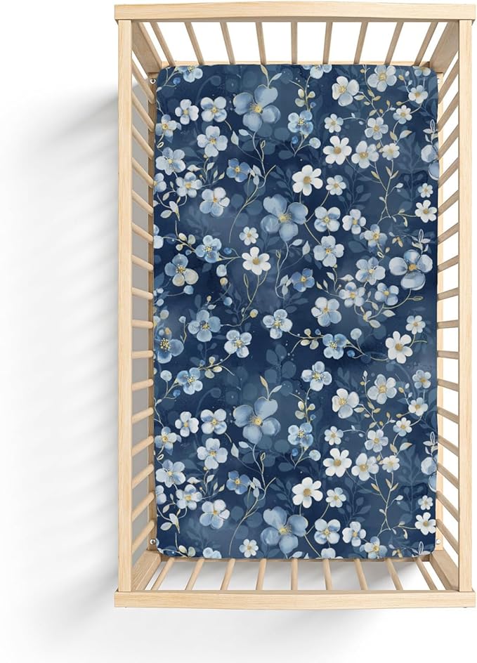 Wonderful Flowers Baby Crib Sheets for Boy Girl 52x28Inch Vintage Blue Floral Soft Stretchy Fitted Crib Mattress Cover Spring Summer Nursery Baby Sheet for Standard Crib and Toddler Bed Mattresses
