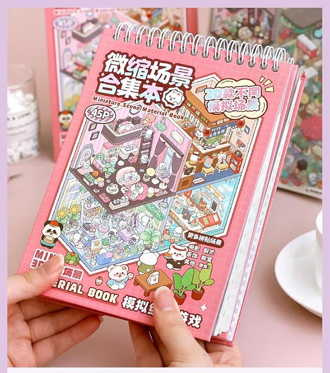 20 Sets 3D Sticker Therapy Scene Material Book,DIY 3D House Stickers Set for Adults,Rich Collection of 3D Space Stickers and Storage Spiral Notebook,Room Stickeer Book for Adults Kids