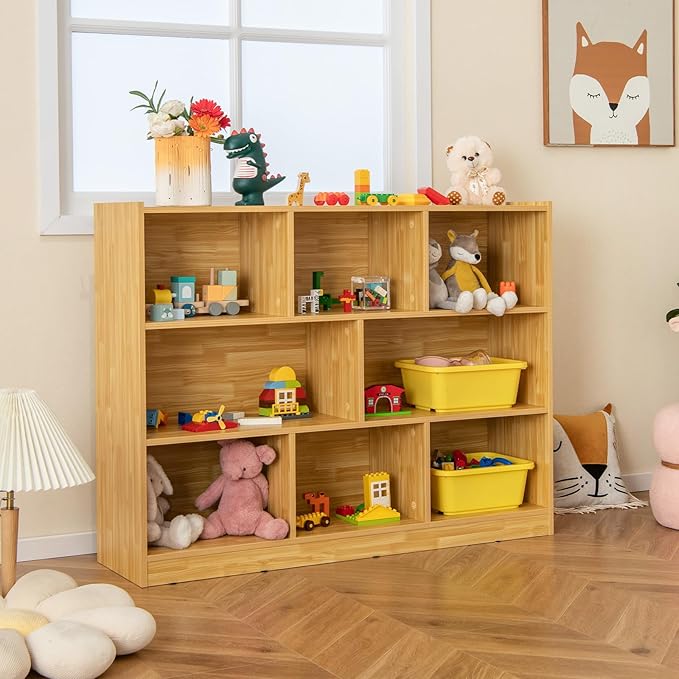 Giantex 8 Cube Bookcase, Freestanding 3-Tier Open Bookshelf, Modern Storage Display Cabinet, Wood Cube Storage Organizer for Living Room, Kid’s Room, Burlywood