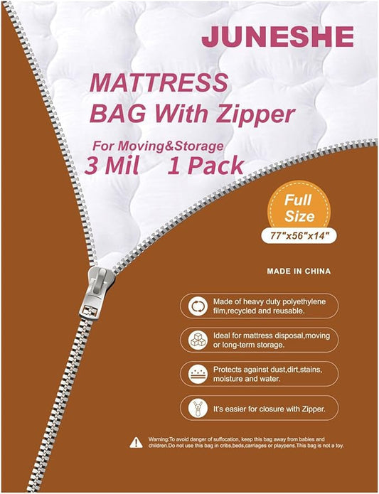 Full Mattress Bags Cover for Moving and Storage-3 Mil Zipper Plastic Waterproof Wrap Protector Reusable Storage Bag