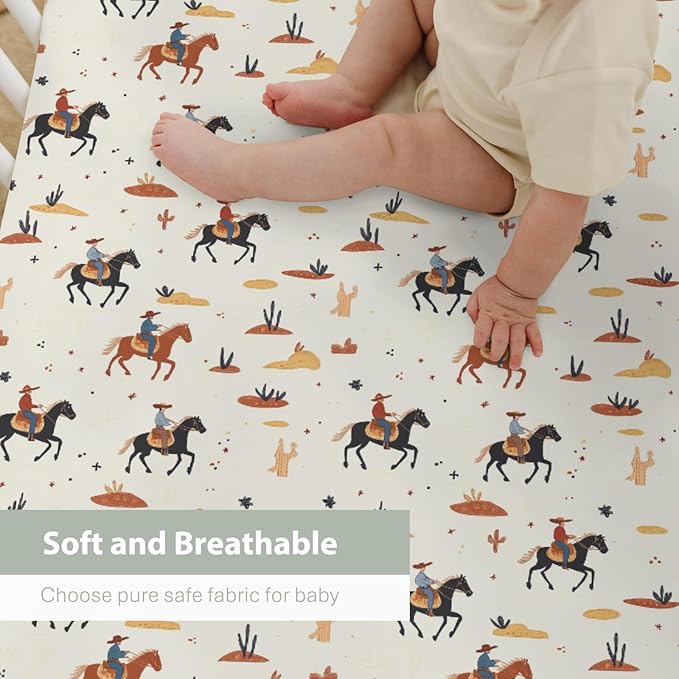 Vintage Western Cowboy Baby Crib Sheets for Boy Girl 28"x52" Retro Cowboy Horse Cactus Soft Stretchy Fitted Crib Mattress Cover Wild Desert Baby Sheet for Standard Crib & Toddler Mattress Pads