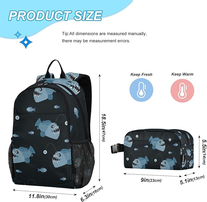 Jucciaco Angler Fish Backpack with Lunch Bag, School Travel Backpack for Boys Girls Kids Backpacks Set