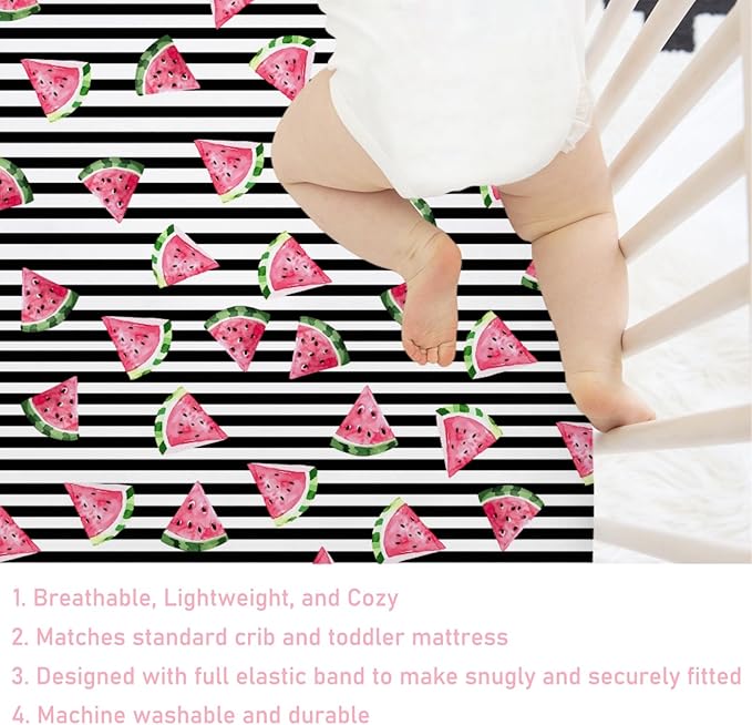 Watercolor Watermelon Dots Baby Crib Sheets 52''x28'' Watermelon Fruits Snug Fitted Crib Mattress Covers for Boy Girl Boho Summer Fruits Soft Baby Nursery Bed Sheet for Standard Crib Toddler Mattress