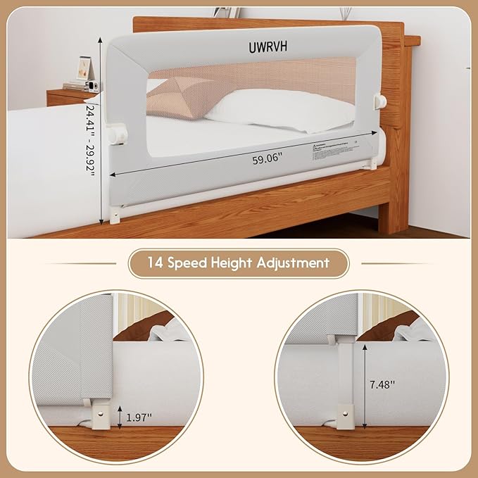 Bed Rail for Toddlers 59in Folding Bed Rail,T-Shaped No-Drill Base with Safety Lock,Soft 3D Fabric,Baby Bed Rail Guard for Twin,Full,Queen,King Beds,Toddler Bed Rail Guard(Gray, 59" in)