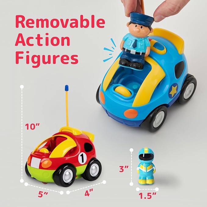 Prextex 2 Pack Cartoon Remote Control Cars for Toddlers - Police Car and Race Car with Steering Wheel Controllers and Lights - Different Frequencies So Both Can Race Together - Toddler Gift 18+ Months