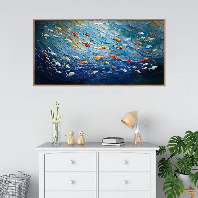 CHDITB Ocean Fish Sea Framed Canvas Wall Art, 20"X40" Large Under The Sea Fishes Oil Painting, Modren Navy Blue Marine Fish Wall Decor, Colorful Fishes Artwork for Living Room Bedroom Office Modern Home Decor