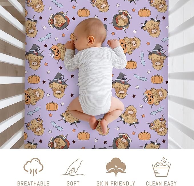 Highland Cow Halloween Baby Crib Sheets for Boy Girl Western Cowboy Fall Pumpkin Bats Soft Snug Fitted Crib Mattress Covers for 52''x28'' Standard Crib & Toddler Mattress Spooky Farm Animal Bed Sheet