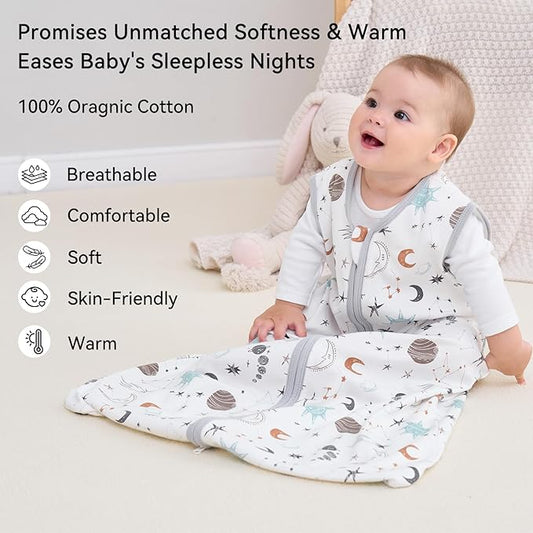 Baby Sleep Sack 0-6 Months 3 Pack 100% Cotton Lightweight 0.5 TOG Wearable Blanket Baby Sleep Bag with 2-Way Zipper for Newborn Infant White Gray Blue Space