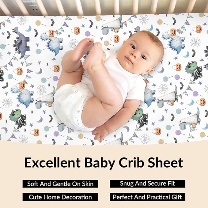 Cute Halloween Dinosaurs Baby Crib Sheets Spooky Dinosaur Pumpkin Bats Fitted Crib Mattress Cover for Standard Crib Toddler Mattress Halloween Night Baby Sheet 28x52in