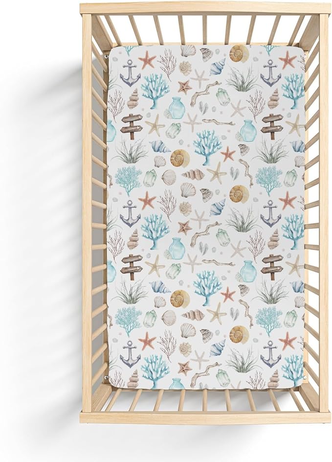 Ocean Boho Summer Baby Crib Sheets for Boy Girl 52"x28" Seashells Conch Starfish Corals Anchors Soft Stretchy Fitted Crib Mattress Cover Nautical Life Baby Sheet for Standard Crib & Toddler Mattress