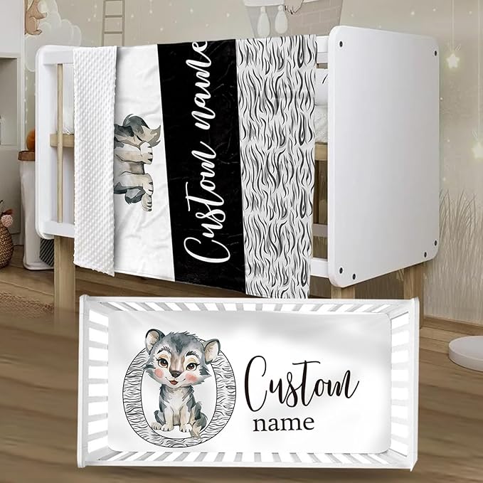 Personalized Baby Crib Bedding Set, Custom Name Little Wolf Baby Bedding 2-Pcs Set - Soft Double Layer Dotted Blanket and Fitted Sheet, Nursery Bedding for Newborn Boys Girls, Perfect Shower Gift