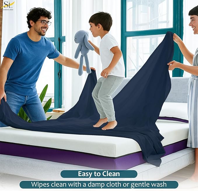 RV King Mattress Protector Fitted Sheet Style - Waterproof Vinyl Mattress Cover, Breathable, Bed Wetting & Spill Protection, Fits Mattresses up to 9" Deep (Navy Blue)