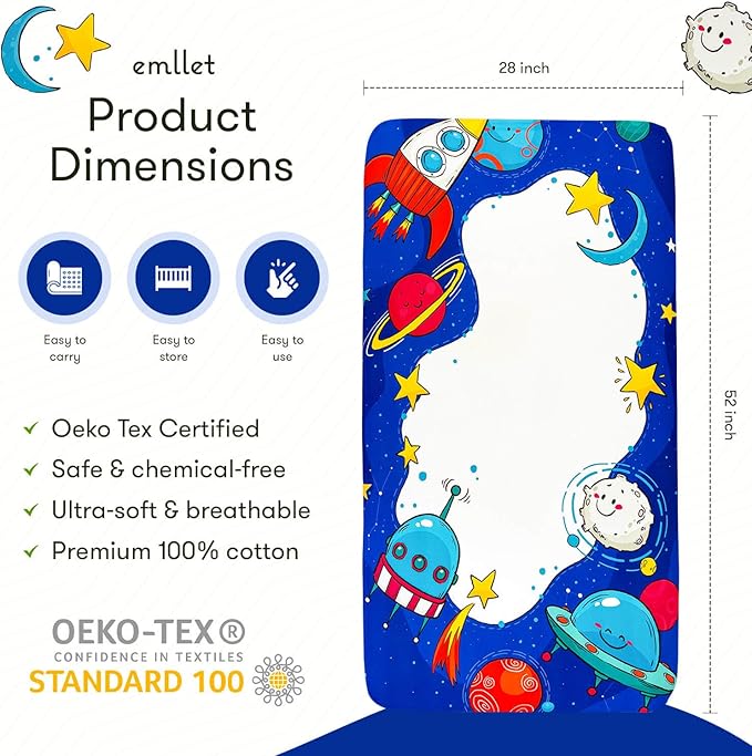 100% Cotton Fitted Crib Sheet – Cosmic Adventure Space Theme, Soft Nursery Bedding for Baby Boy or Girl, Fits Standard Crib Mattress 52x28in