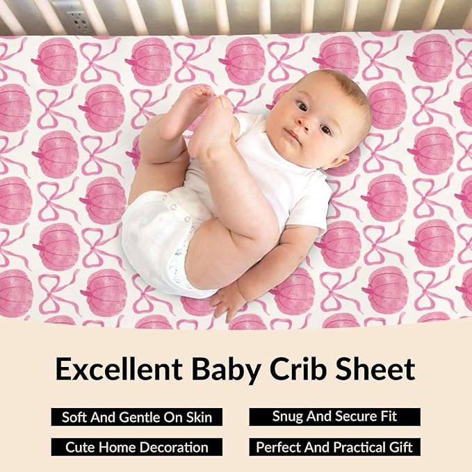 Fall Pumpkins Pink Bows Baby Crib Sheets Vintage Autumn Pumpkins Baby Sheet Thanksgiving Harvest Fitted Crib Mattress Cover for Standard Crib and Toddler Mattress 28"x52"
