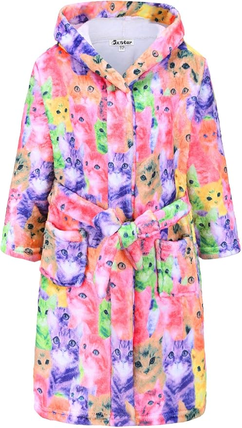Jxstar Girls Bathrobes Kids Hooded Robes Plush Fleece Pajamas Soft Coral Sleepwear