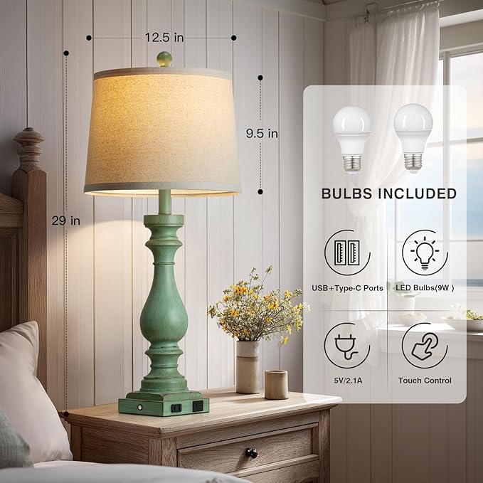 luxeflow 29" Tall Vintage Table Lamps Set of 2,Retro Green Bedside Lamps with USB C+A Ports & AC Outlet,3-Way Dimmable Touch Lamp for Night Stands Living Room Bedroom,Green