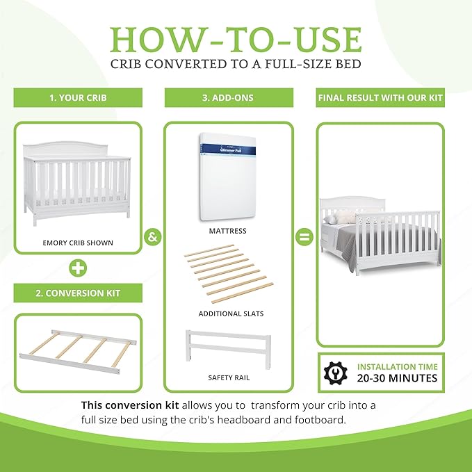 Full-Size Conversion Kit Bed Rails Compatible with Delta Children Convertible Cribs - Solid Wood Rail #0050 - Toddler and Adult Bed Rail for Full-Size Beds - Baby Furniture (White - 100)
