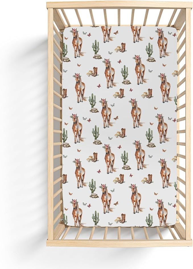 Cactus Horse Cowboy Baby Crib Sheets for Boy Girl 52x28Inch Cowboy Boots Hat Butterflies Soft Snug Fitted Crib Mattress Covers Western Horses Baby Sheet for Standard Crib & Toddler Bed Mattress