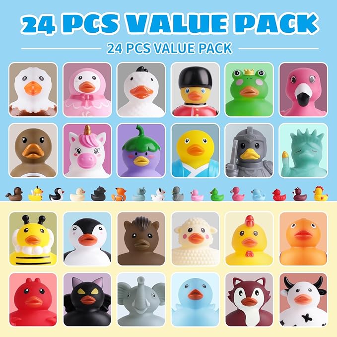 24 Rubber Ducks, Toddler Bath Toys, No-Hole Bathtub Toys for Baby Pool Toys for 18+ Months Girls Boys