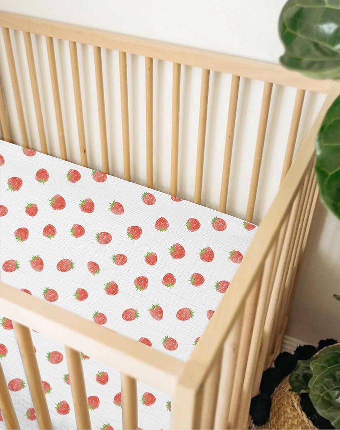 Crib Sheets for Baby Boy Girl 2 Pack, Fitted Crib Mattress Sheet 28" x 52", Muslin Toddler Bedding with Neutral Style, Nursery Bedding Essentials (Strawberry & Pale Pink)