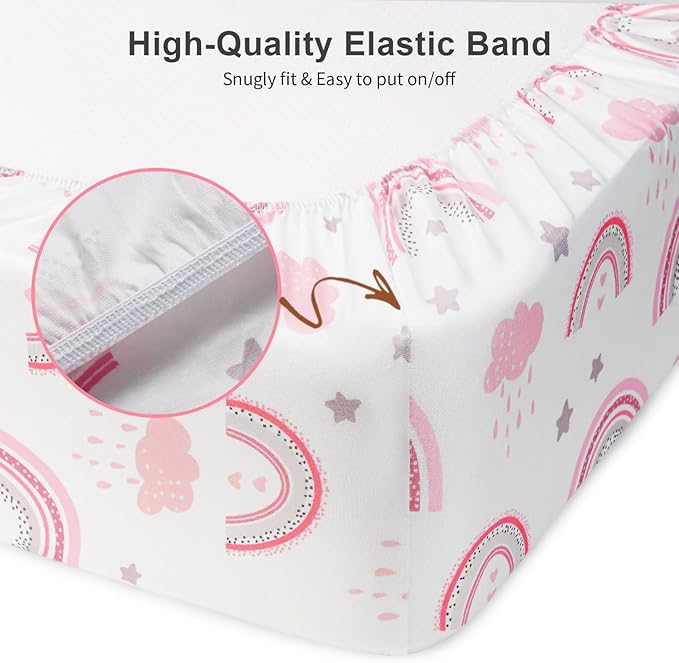Pack N Play Sheets Fitted, 2-Pack Fit for Standard Pack N Play Mattress, Mini Crib Sheets,Breathable Soft Unisex Playard Sheets (Pink Rainbow & Pink)